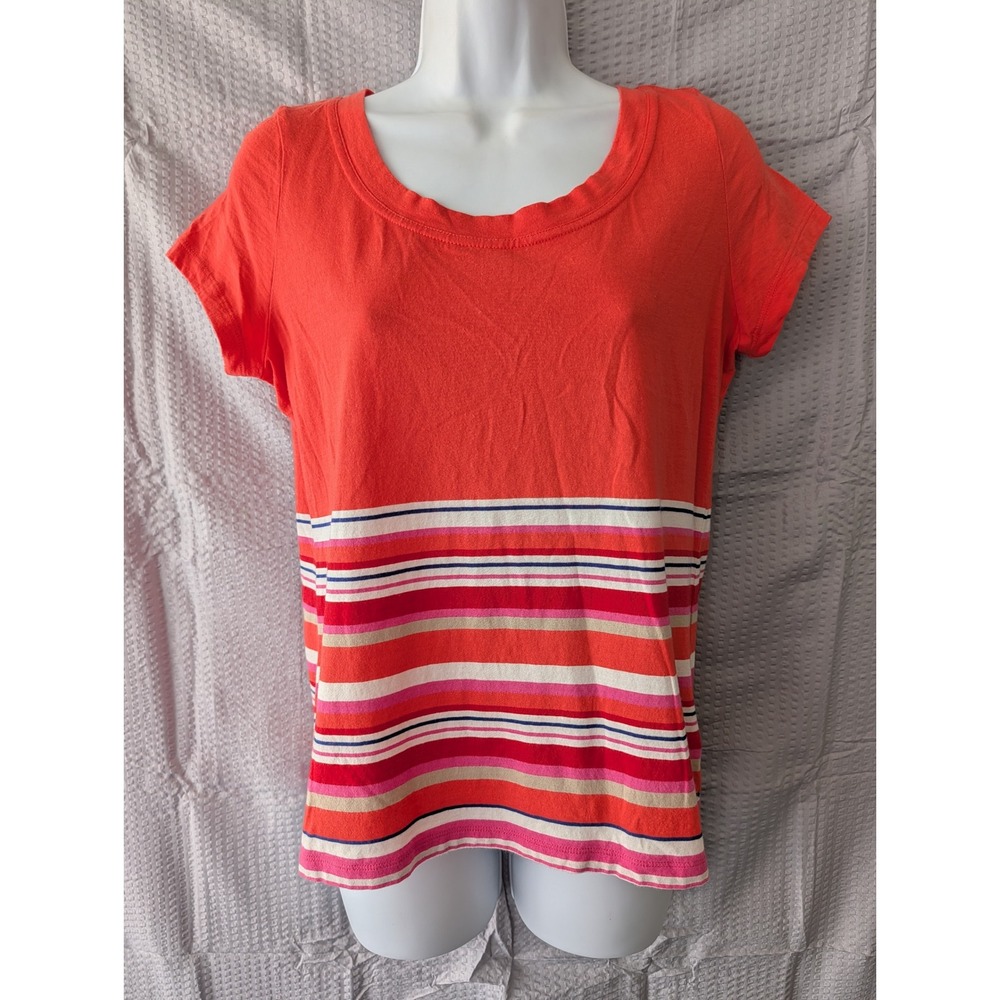 Liz Claiborne Womens Medium Orange Striped Scoop Neck Short Sleeve Cotton Modal